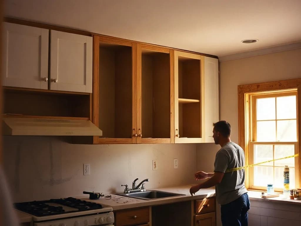 Residential kitchen mid-remodel: upper cabinets freshly installed, carpenter measuring the countertop with a tape measure, warm afternoon light through the window.