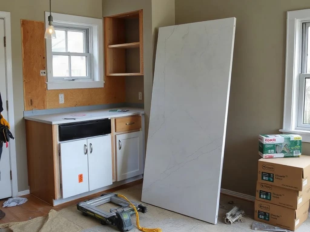 Kitchen remodeling jobsite with materials and tools ready for installation
